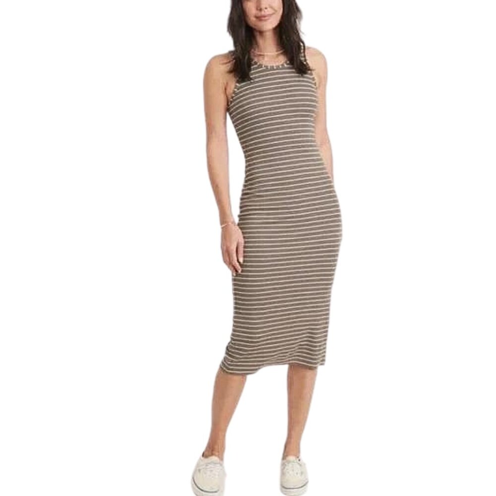 Marine Layer Lexi Rib Daytime Midi Dress in Olive Stripe (XS)